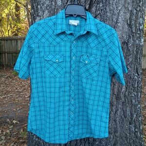 Wrangler Wrancher Turquoise Short Sleeve Plaid with Pearl Button Snaps Shirt L